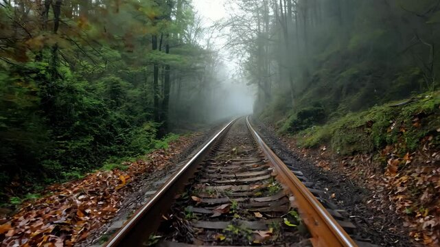 Mist shrouds silent rails, abandoned railway stretches into deep forest, moss muffles sound, abandoned railway hints forgotten stories, abandoned railway captures timeless solitude.