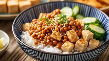 Close up of natto rice bowl with sesame oil drizzle, surrounded by tofu cubes and pickled vegetables