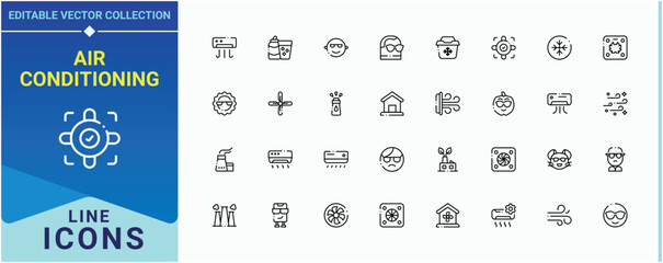 Air Conditioning linear icon set. Includes thin line symbols wind, cool, vent, condition, temperature, ventilation and more. Cooling icon pack. Minimalist icons collection. Art and illustration.