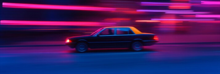 Naklejka premium Fast moving car at night with neon light trails. Urban street scene with motion blur effect. Speeding vehicle on city road. Colorful nightlife photography concept.