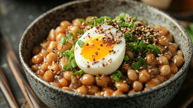 Fermented natto served with soft-boiled egg and furikake on top, rustic ceramic backdrop