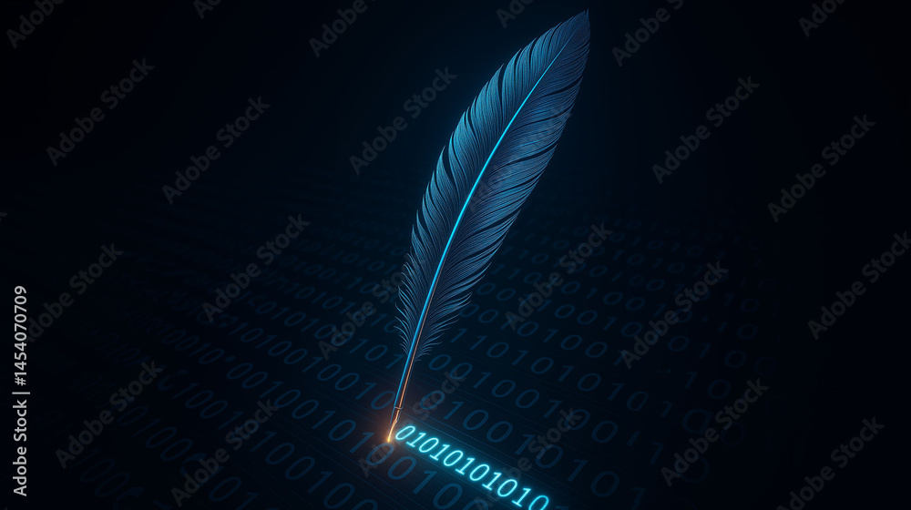 Wall mural digital quill pen writing flowing binary code symbolizing the fusion of creativity writing and futur