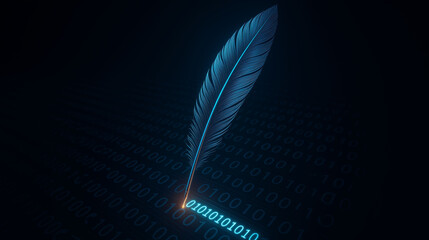 Digital quill pen writing flowing binary code symbolizing the fusion of creativity writing and futuristic digital technology