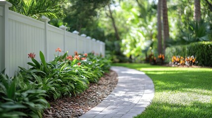 Lush landscaping bordering a paved pathway.