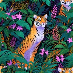 Majestic Tiger Amidst Lush Tropical Flora: Green Foliage, Vibrant Flowers, Exotic Plants, Wildlife