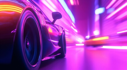 Sports car speeding through neon-lit city street at night. Futuristic urban scene with purple and pink light trails. High-speed racing concept for video game or movie background