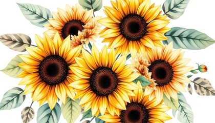 Obraz premium Elegant watercolor floral display with vibrant sunflowers and contrasting leaves, artful botanical illustration