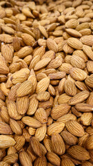 Almonds on the counter in the supermarket. Prepared for sale. Healthy food.