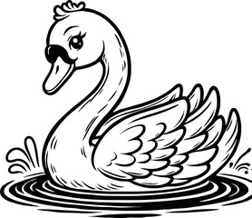  swan line art cartoon illustration floating calmly on water. Ideal for coloring pages, educational materials, and nature-themed designs.