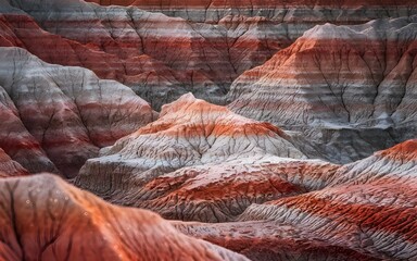 close-up of badlands clay showing rust-red, ochre, and cream striations. Erosion reveals layered sediment, cracks form abstract patterns, and golden hour light highlights fine textures and minerals.

