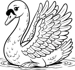  swan line art cartoon illustration floating calmly on water. Ideal for coloring pages, educational materials, and nature-themed designs.