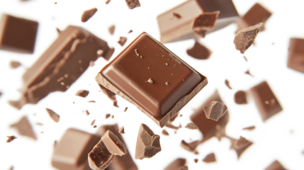 Milk chocolate pieces falling isolated on a white background