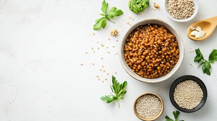 White textured background with natto dish, wasabi, sesame seeds, and shichimi spice mix