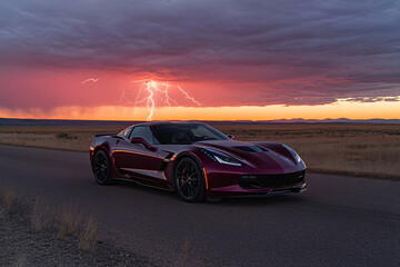Fototapeta premium Sports car on rural road with dramatic lightning storm at sunset. Red supercar against stormy sky. Powerful vehicle in nature landscape. Scenic adventure concept.