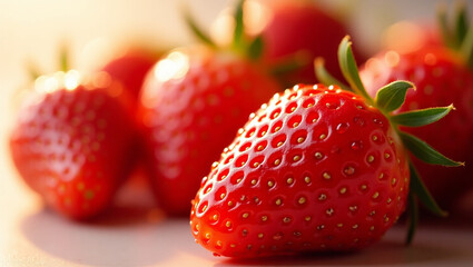 Ultra close-up of fresh strawberries with water droplets, vibrant red tones, detailed texture of seeds and surface, natural sunlight, no blurry edges, no cut-off parts, full strawberries visible in fr