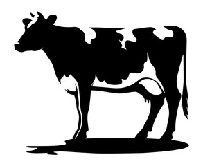 A black and white silhouette of a cow on a white isolated background. Vector graphics. EPS.