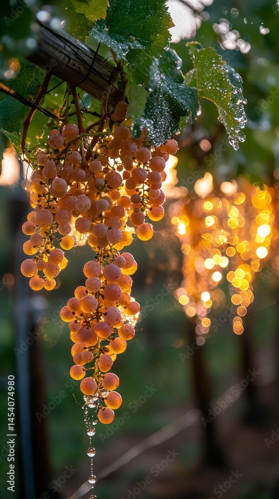 Poster glowing clusters of ripe grapes hang from the vine, glistening with droplets of water as the sun set
