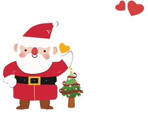 Cute Cartoon Santa Claus Standing Next to Christmas Tree Holding Hand with Three Hearts. Simple Drawing Style with White Background. Vector Illustration Suitable for Children's Book. Flat Colors, Simp