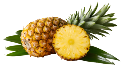 Pineapple with Half Cut and Leaves - Transparent Background