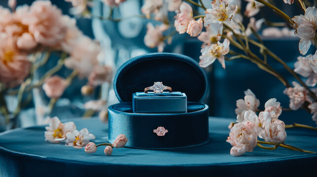 Concept: Engagement proposal. Holiday: Valentine. Purpose: Gift for her. Diamond ring in blue box with floral accents