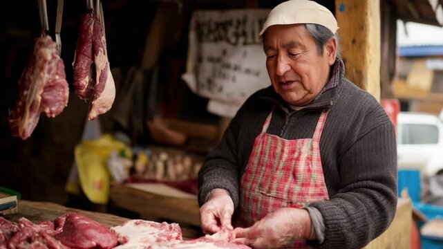 A butcher skillfully prepares fresh meat in a local market.