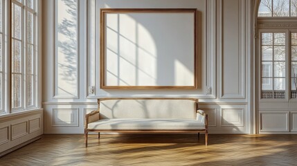 Elegant White Classic Interior Room with Golden Frame Sofa and Parquet Floor
