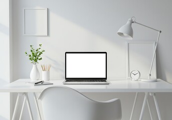 White Minimalist Home Office Workspace with Laptop