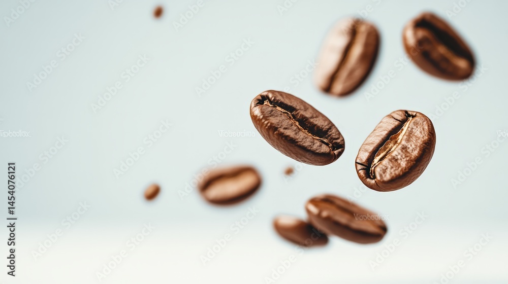 Aufkleber roasted coffee beans are levitating on a light blue background, creating a dynamic and visually appe