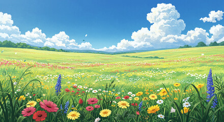 Summer Meadow with Wildflowers and Clouds