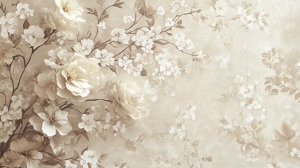 Delicate floral wallpaper design with cream roses and blossoms.