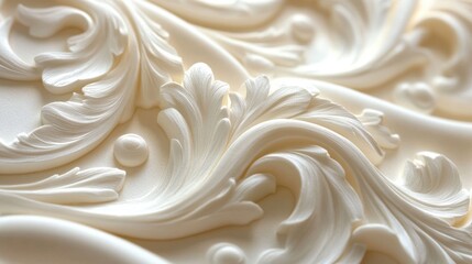 Close Up of White Ornamental Plaster Floral Relief Texture Background