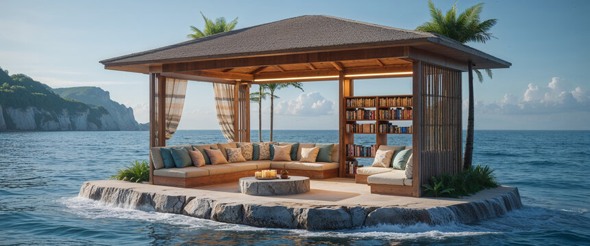 Luxurious floating beachside library with relaxing seating and ocean views in tropical setting