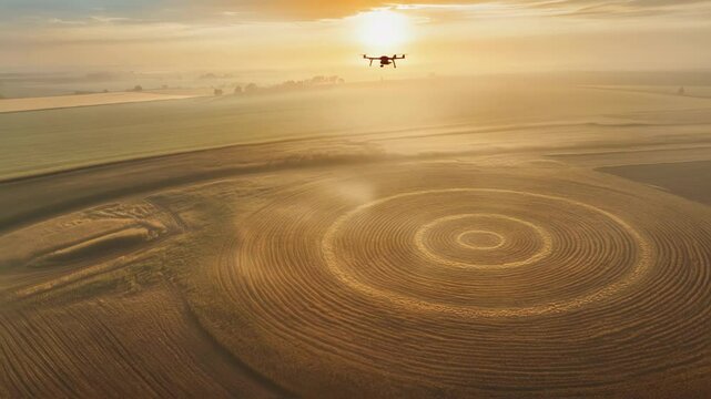 Aerial drone flying above a desert field, forming a glowing circular crop formation at sunset.