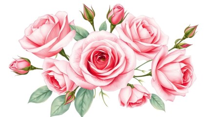 Elegant pink roses blossom with delicate detailing, creating a refined floral arrangement on a pristine backdrop