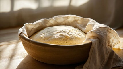 Dough rising in a warm bowl, covered with a linen cloth, soft shadows