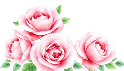 Fototapeta premium Elegant Watercolor Pink Roses Arrangement with Lush Green Leaves on a Clean White Background