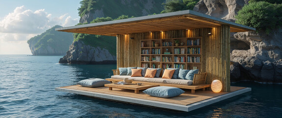 Luxurious floating library and lounge with ocean views and coastal architecture design