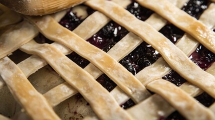 Lattice pie crust being carefully woven, fruit filling visible below
