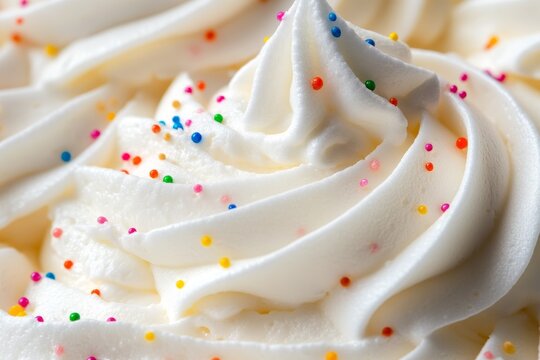 Exquisite close-up detail of whipped cream swirl adorned with colorful sprinkles for delightful dessert presentation