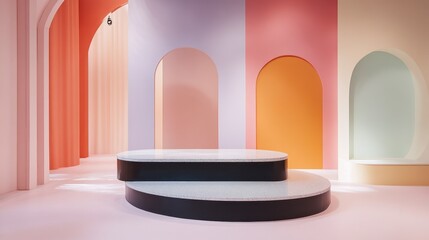 Modern minimalist interior with colorful arches and geometric shapes