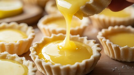 Tart shells being filled with lemon curd, close up on glossy texture