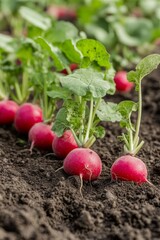 Macro close up detailed photograph of fresh red radishes growing naturally in soil