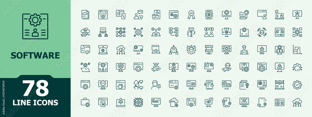 Fototapete Software line icon set. Contains outline symbols like website, app, program, web, technology. Minimal icons set. Development icon set in linear style. Pixel perfect. Editable stroke.