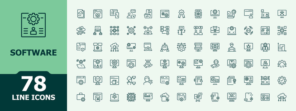Software line icon set. Contains outline symbols like website, app, program, web, technology. Minimal icons set. Development icon set in linear style. Pixel perfect. Editable stroke.