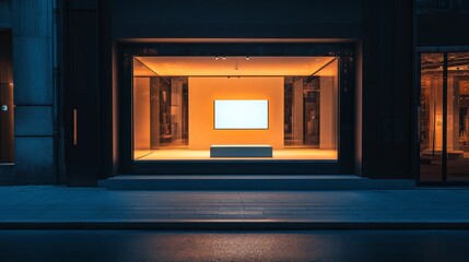 Modern Retail Display with Bright Orange Backdrop and TV Screen