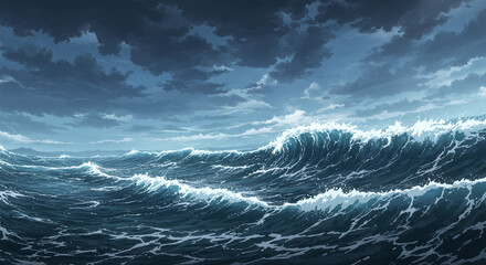 Stormy Ocean Waves with Dramatic Sky