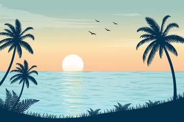 Silhouette Landscape of Scenic Sunrise in Ocean With Flying Birds, Paradise Beach Sunrise, Palm Tree And Calm Ocean Waves