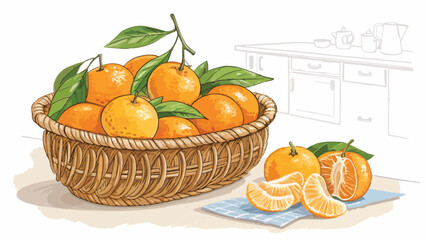 Mandarin orange Illustration vector design, Mandarin vector design, Mandarin in wicker basket and mandarin slice on table in kitchen