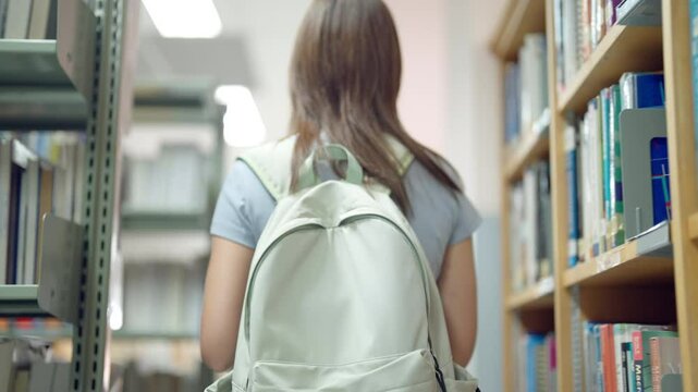 A girl is walking through a library with a white backpack. She is looking at the books on the shelves