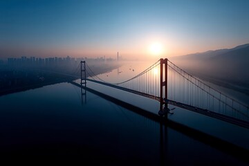 Suspension Bridge Over River at Sunrise with Cityscape in Background